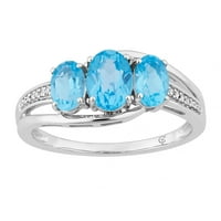 10K бело злато швајцарско сино топаз и дијамантски акцент 3-камен прстен