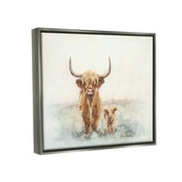 Слупел Хајленд говеда и бебе теле рурални животни и инсекти сликање сив пловиј врамен уметнички печатен wallид