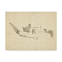 Трговска марка ликовна уметност „Стара лист музичка мапа на мапата во Индонезија“ платно уметност од Мајкл