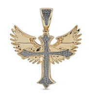 Империјал 10К жолто злато 3 8ct TDW Diamond Angel Angel Wings Cross Hip Hop приврзок за мажи